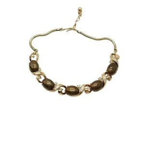 Crown Trifari Brown Lucite Cabochon Clear Rhinestone Gold Tone Choker Necklace
